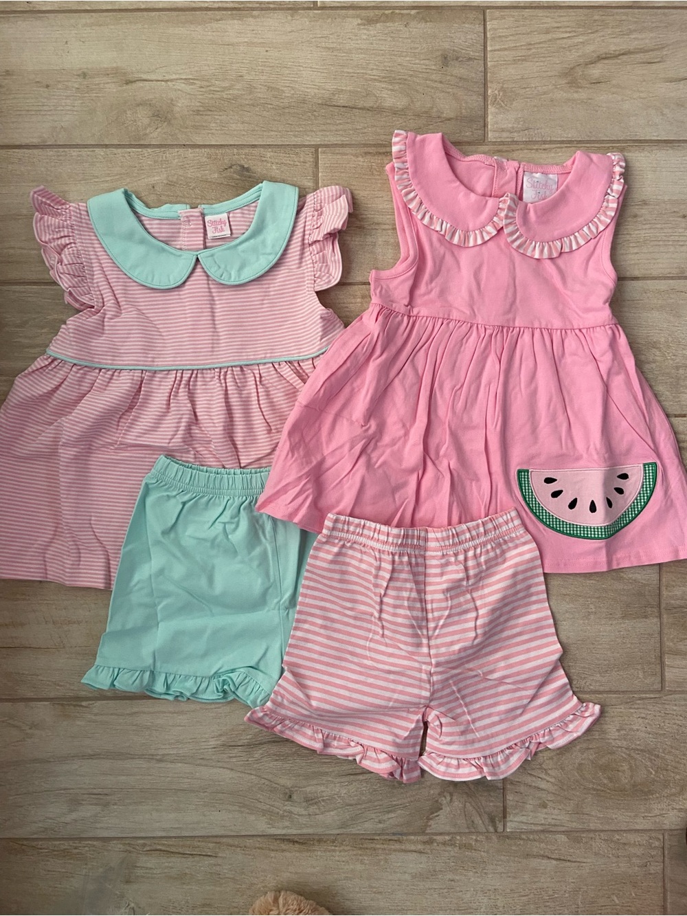 Stitchy Fish Girls 6T XS Small Watermelon Pink & Mint Summer Stripe Short Set